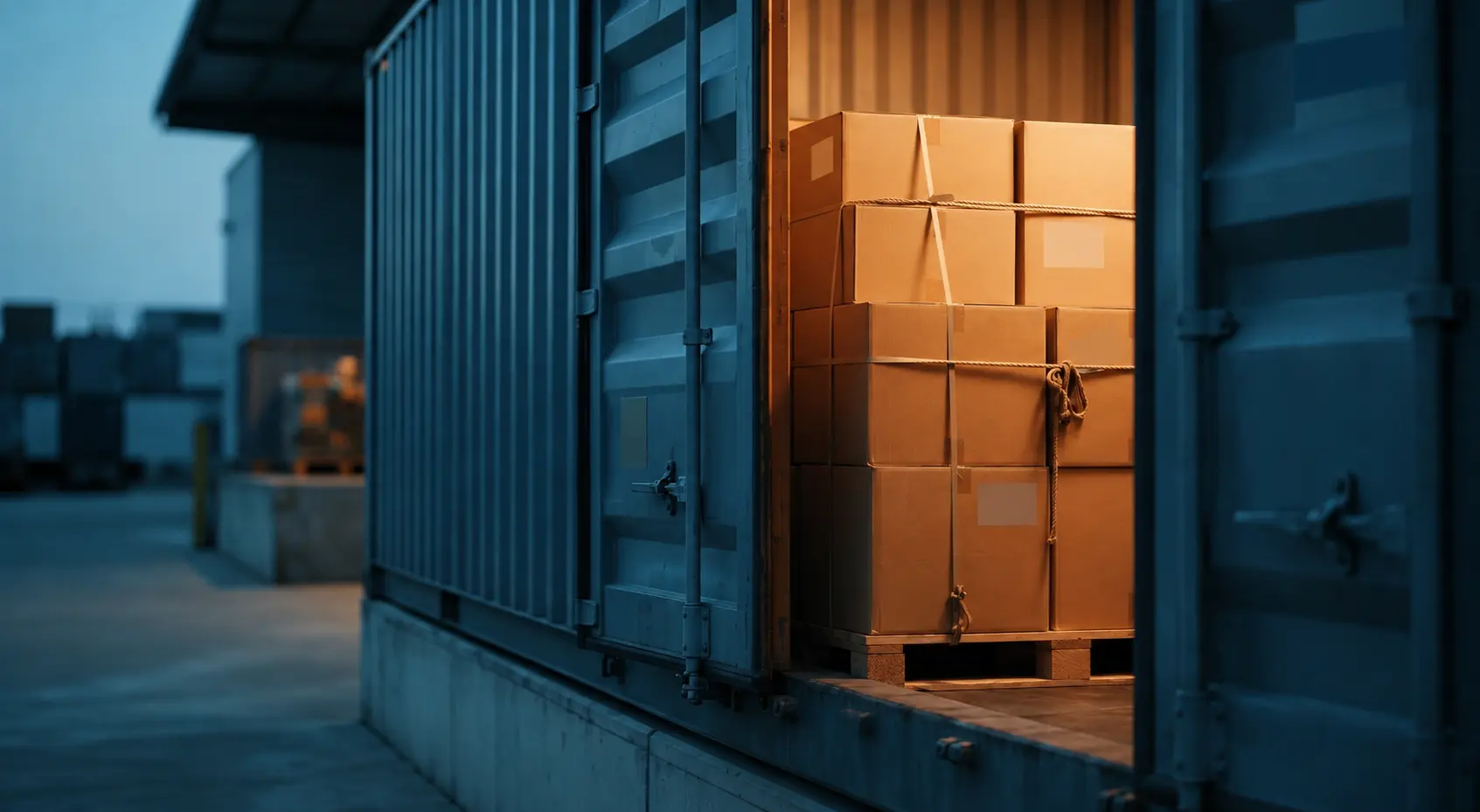 A partially open shipping container door at dusk, warm interior light spilling out against cool blue exterior light, plain export cartons stacked on a pallet