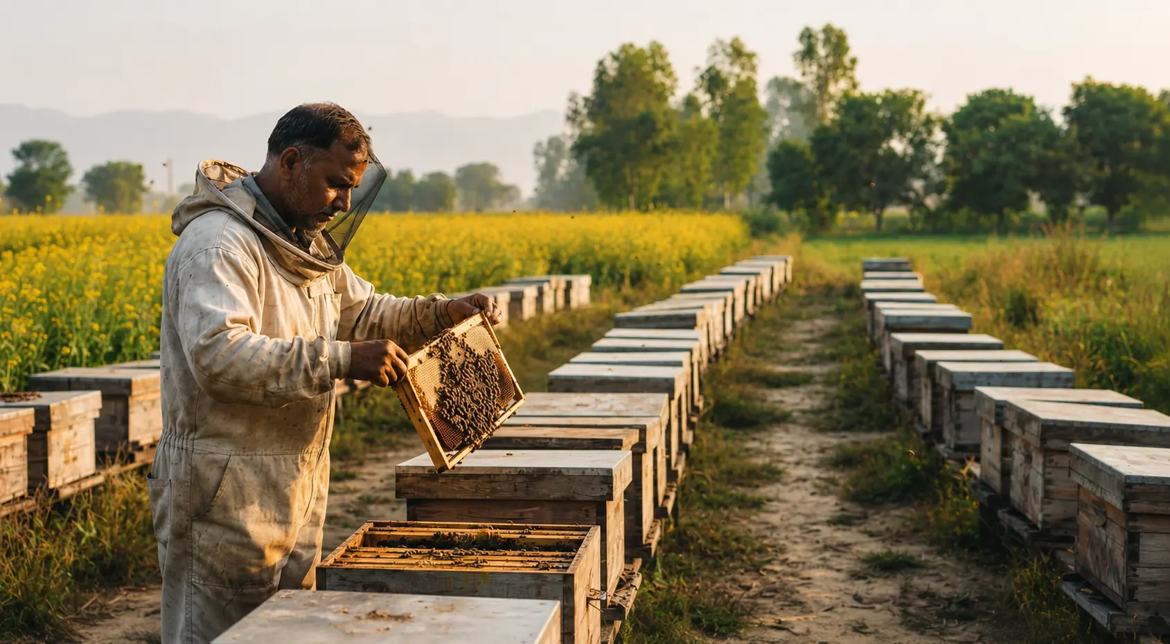 A beekeeper in North India examining a frame of honeycomb, hive rows receding into a mustard field at sunrise