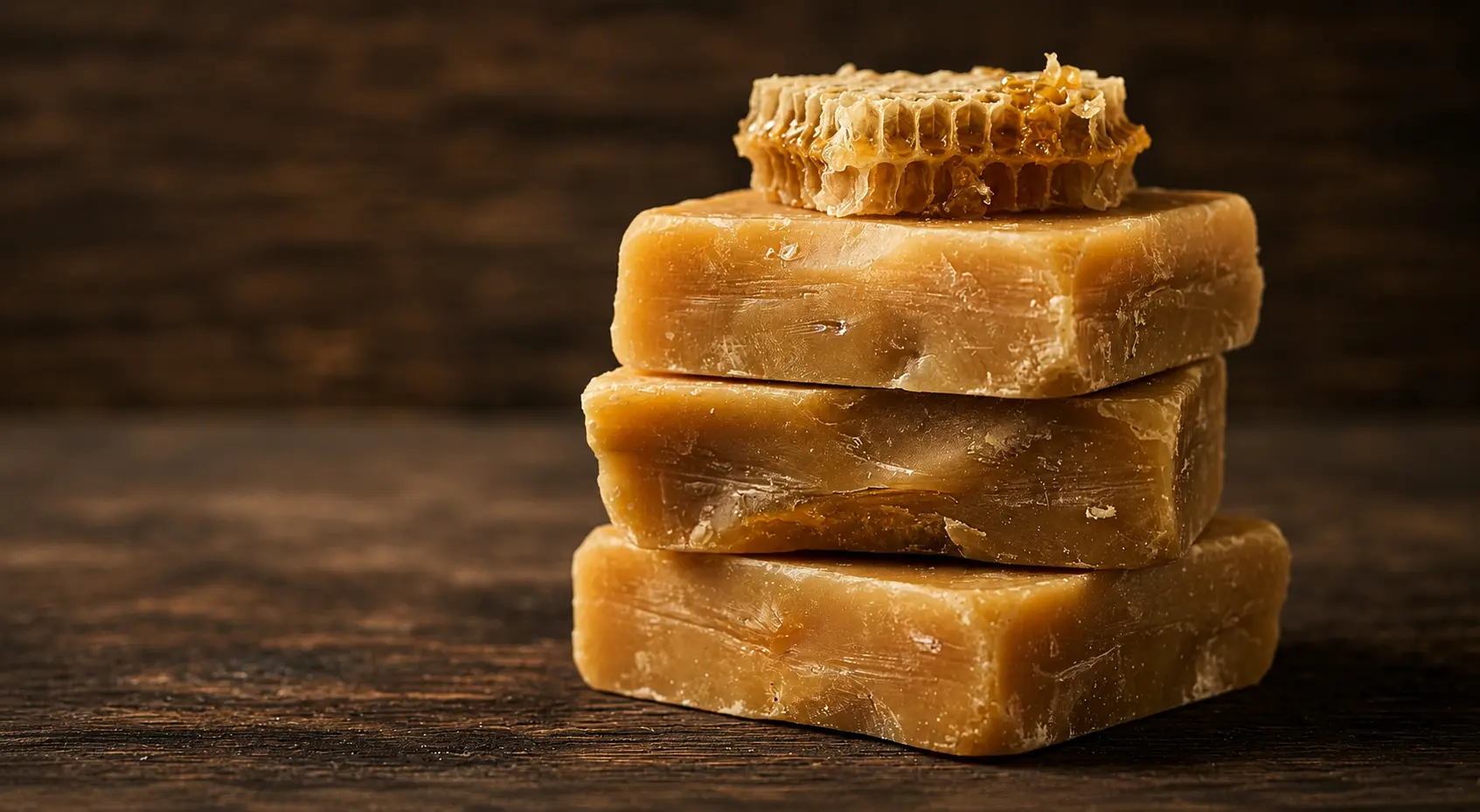 Stacked raw beeswax blocks with a honeycomb fragment resting on top