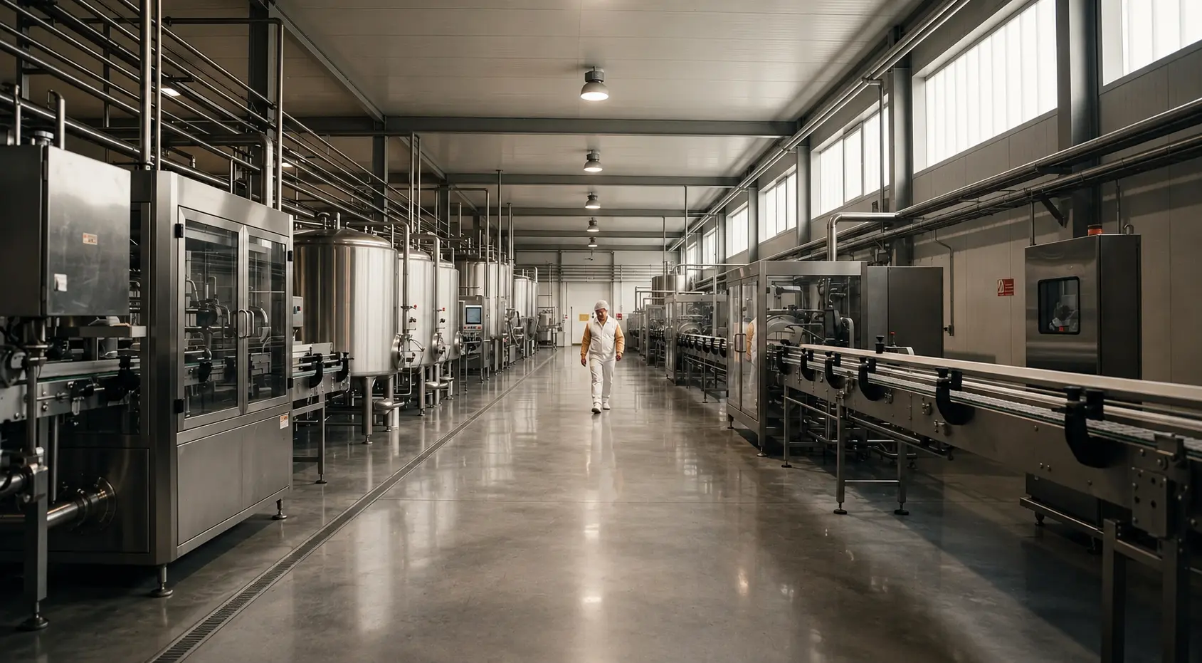 Clean industrial processing interior with stainless steel tanks and conveyor line, a technician in white workwear for scale