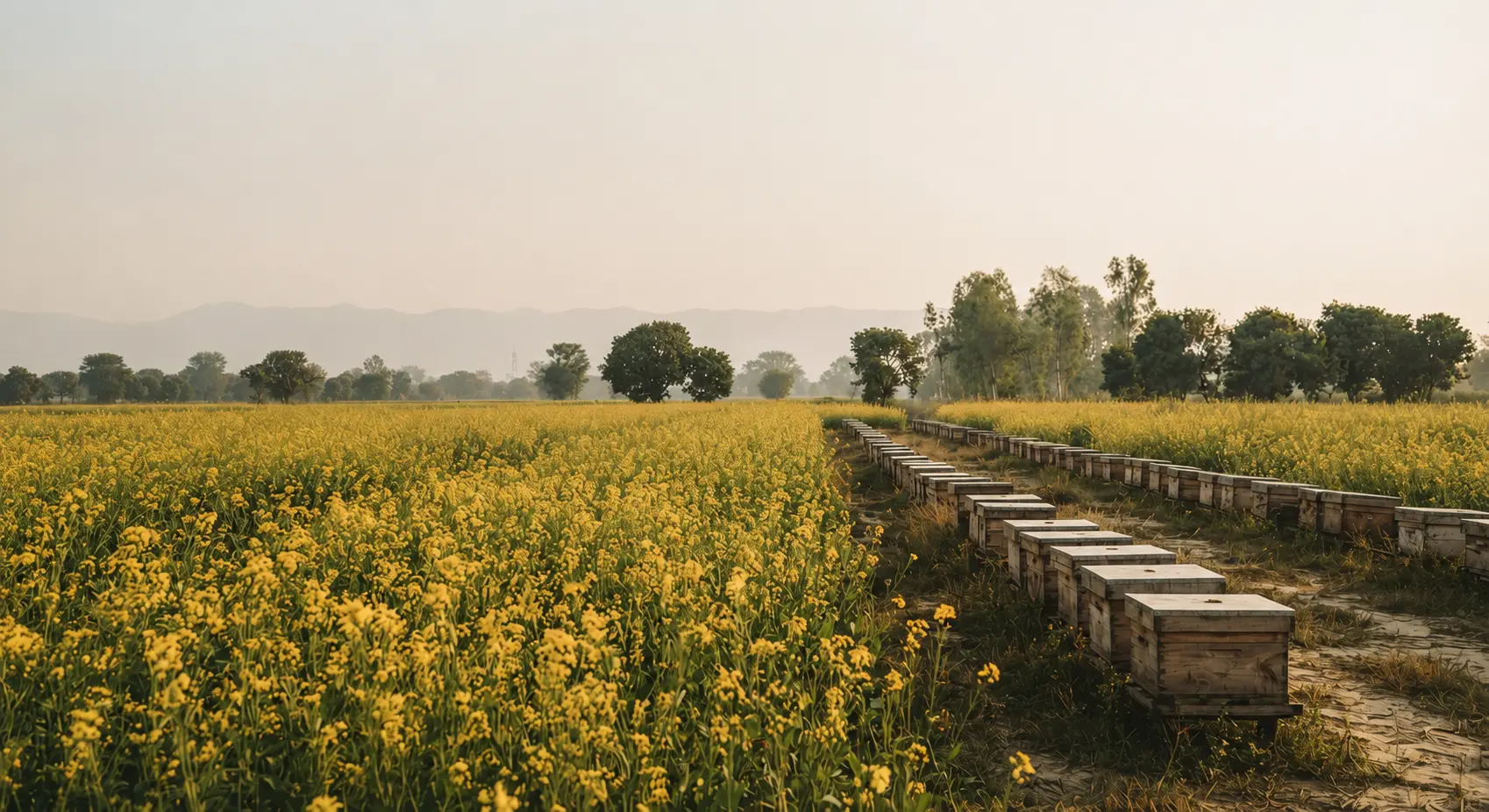 Rows of beehives at the edge of a golden mustard field near Saharanpur, low morning sun, hills faintly visible on the horizon