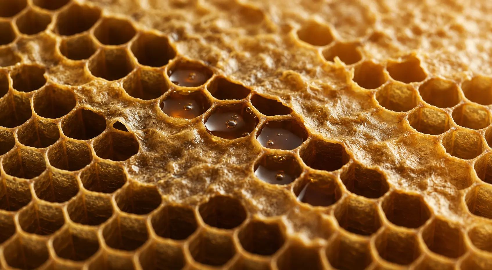 Extreme close-up of raw honeycomb cells with honey pooling in several cells, warm golden light