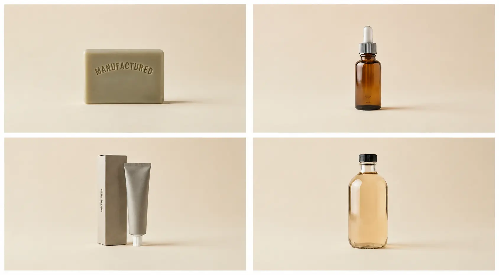 Four manufactured products — soap, an amber dropper bottle, toothpaste, and a vinegar bottle — on a cream background