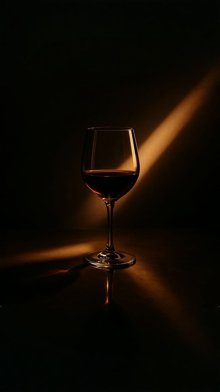 A wine glass holding deep red wine, lit by a single dramatic diagonal beam of light against a near-black background