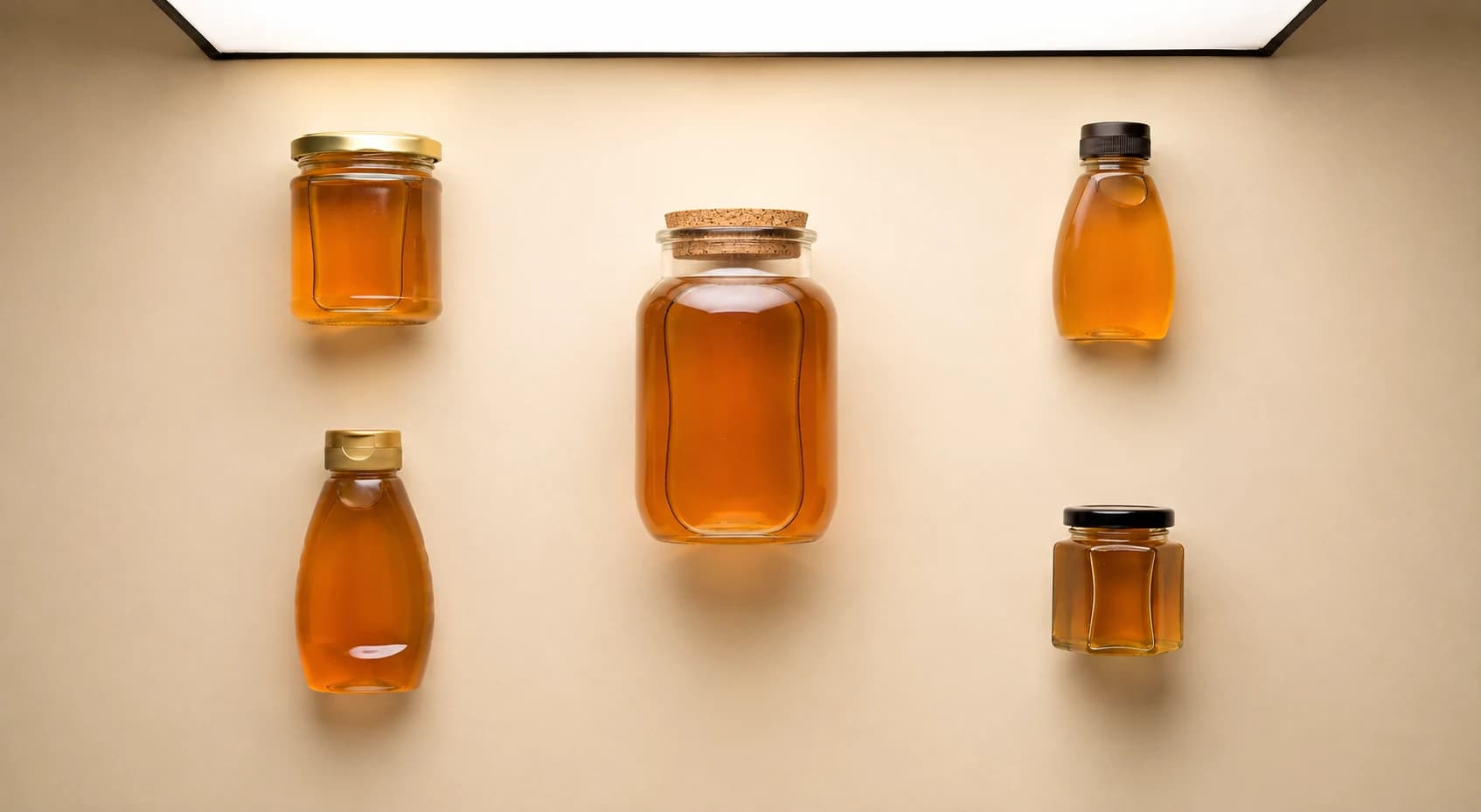 Five honey packaging formats — glass jars, PET bottle, and squeeze bottle — arranged on a cream background